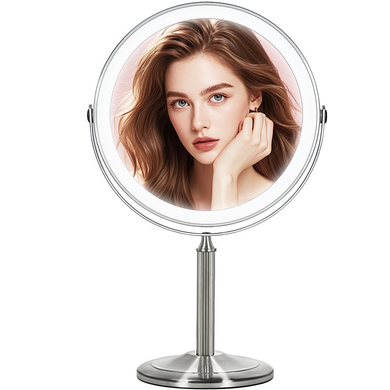 VESAUR 15X Magnifying Mirror with Light, 9.5 Large 5000mAh Rechargeable Double Sided HD Lighted Makeup Mirror with 3 Touch Dimmable Light, 360Â° Swivel Detachable for Travel Vanity Mirror Nickel, Gifts - Image 1